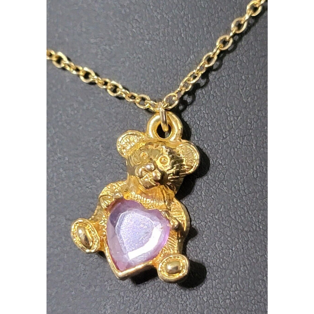 Vintage Bear Holding Purple Glass Heart Pendant Necklace 18",‎ Figural blu02-09